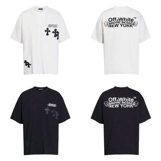 CHH Chrome Heart T Shirts Cross Color Leather Printed Short Sleeve T-Shirt Loose