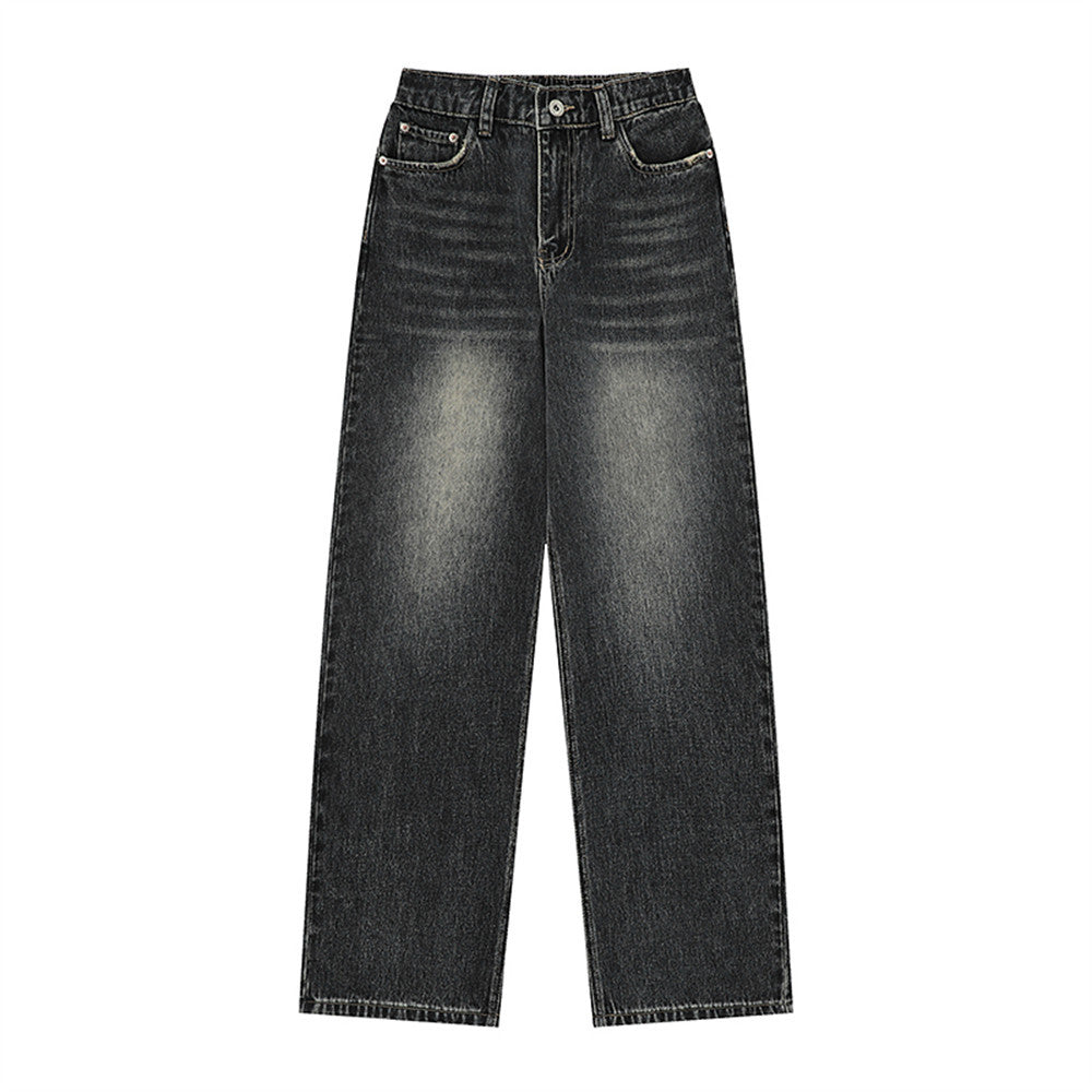 Women Pants Straight Jeans Loose Wash Casual Elastic Waist Wide Leg Trousers