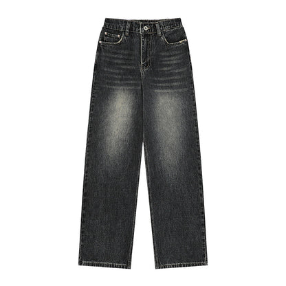 Women Pants Straight Jeans Loose Wash Casual Elastic Waist Wide Leg Trousers