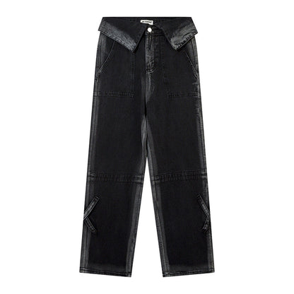 Women Pants High Waist Flanging Straight Jeans