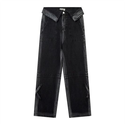Women Pants High Waist Flanging Straight Jeans