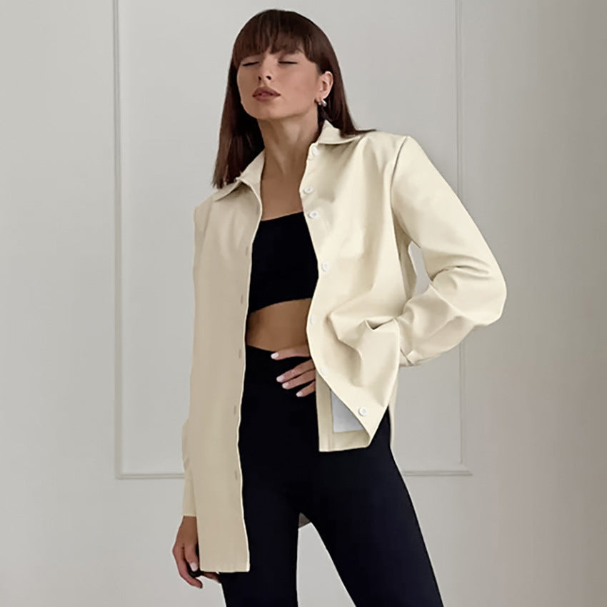 Women Trench Coat PU Leather Long Sleeve Jacket
