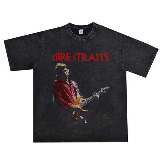 Rock Star T Shirt Bruce Rock Dire Straits Band Washed Distressed T-shirt Cotton Short Sleeve Loose
