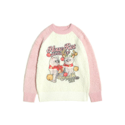 Women Sweater Color Matching Couple Sweater Retro Vibe Loose All-Match