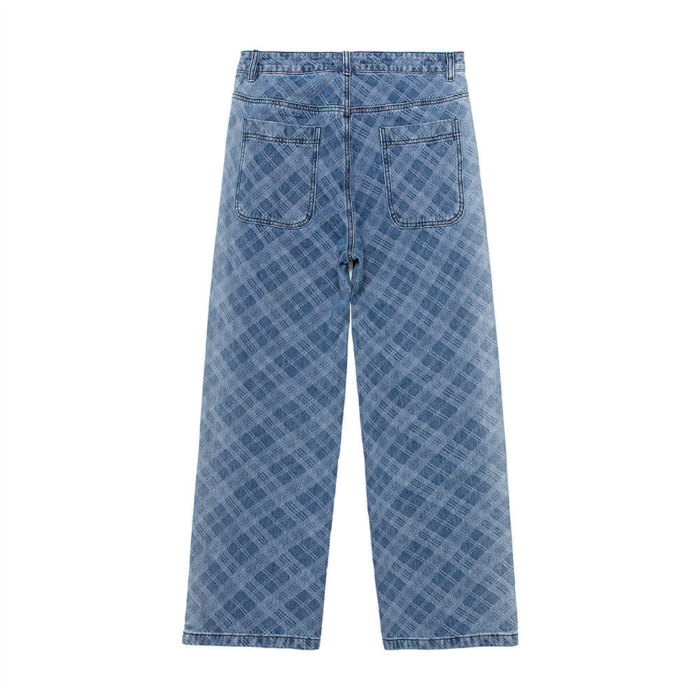 Men Jeans Stitching Embroidery Straight-Leg Trousers