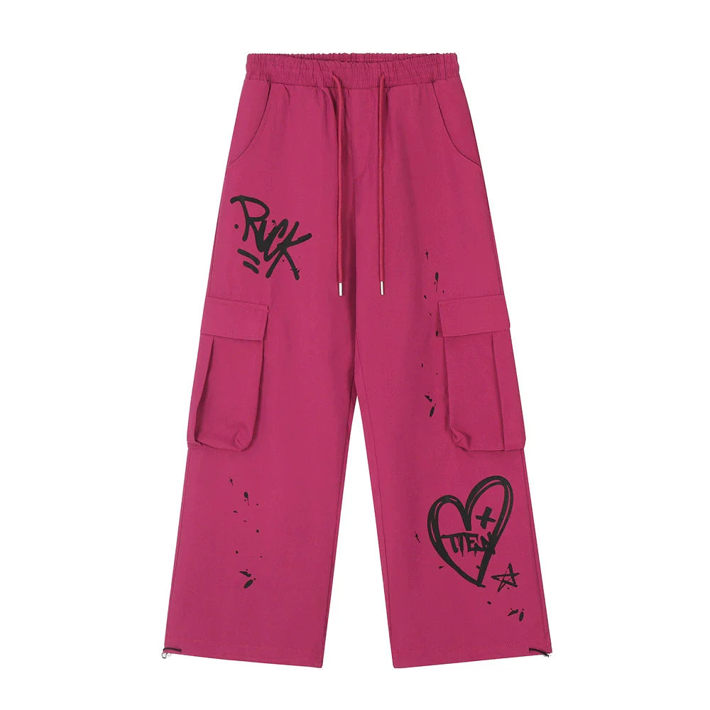 Men Sweatpants Casual Pants Men's Loose Love Splashed Ink Printing Sports Drawstring