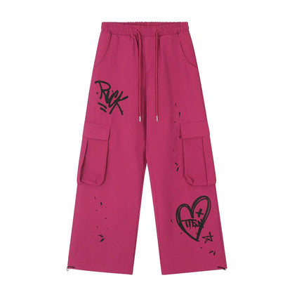 Men Sweatpants Casual Pants Men's Loose Love Splashed Ink Printing Sports Drawstring