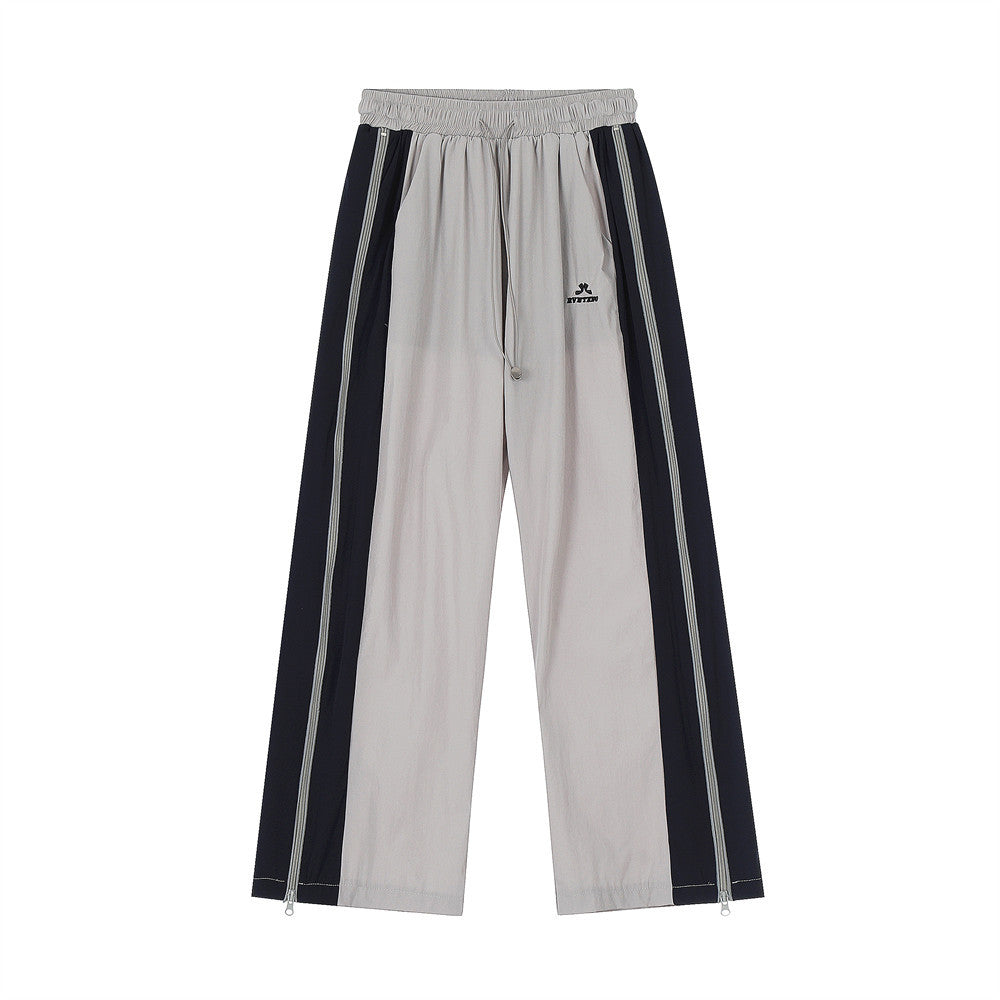 Men Sweatpants Side Zipper Stitching Casual Wide Leg Pants Elastic Waist Straight-Leg Trousers