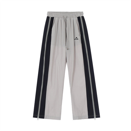 Men Sweatpants Side Zipper Stitching Casual Wide Leg Pants Elastic Waist Straight-Leg Trousers