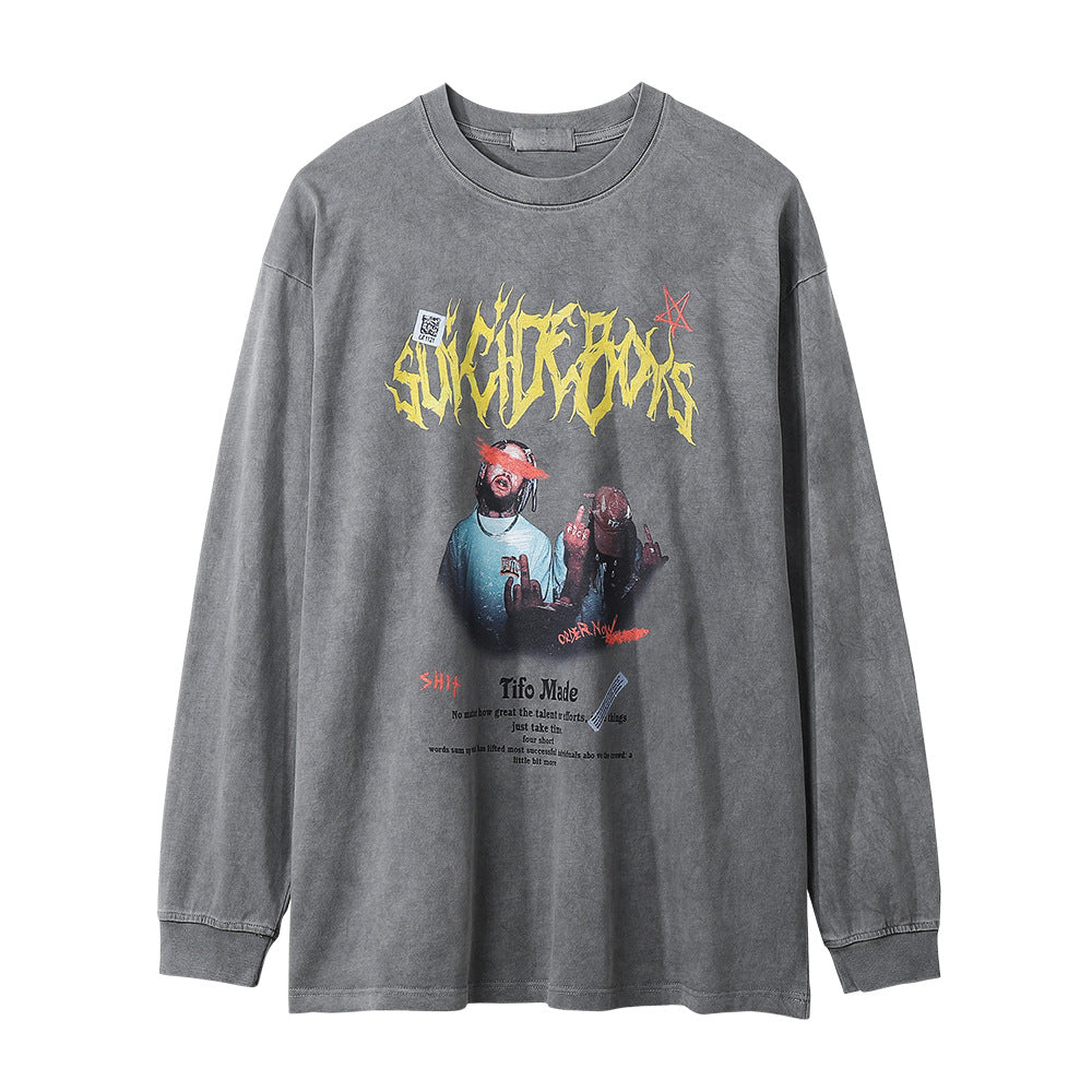 Men Long Sleeve T-Shirt Rock Rap Character Print Washed and Worn