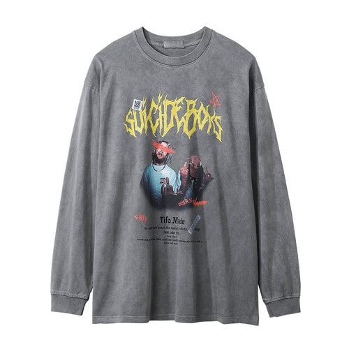 Men Long Sleeve T-Shirt Rock Rap Character Print Washed and Worn