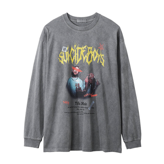 Men Long Sleeve T-Shirt Rock Rap Character Print Washed and Worn