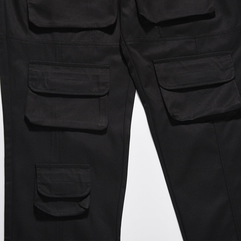Men Sweatpants Multi-Pocket Slacks Pure Color Elastic Waist Straight-Leg Pants Baggy Pants Zipper Pants