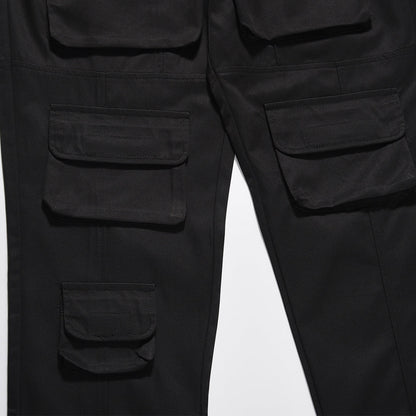 Men Sweatpants Multi-Pocket Slacks Pure Color Elastic Waist Straight-Leg Pants Baggy Pants Zipper Pants