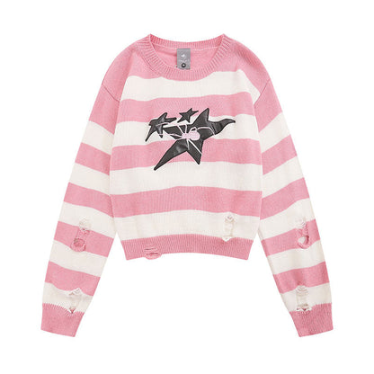 Women Sweater Color Stripe Hole Star Spider Embroidery