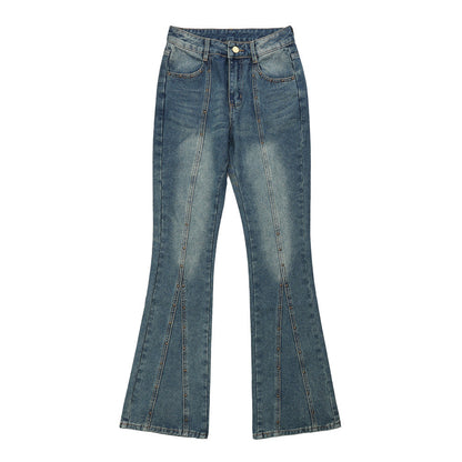 Women Pants Decorative Rivets Flared Jeans Wide Leg Trousers