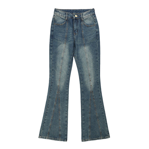 Women Pants Decorative Rivets Flared Jeans Wide Leg Trousers