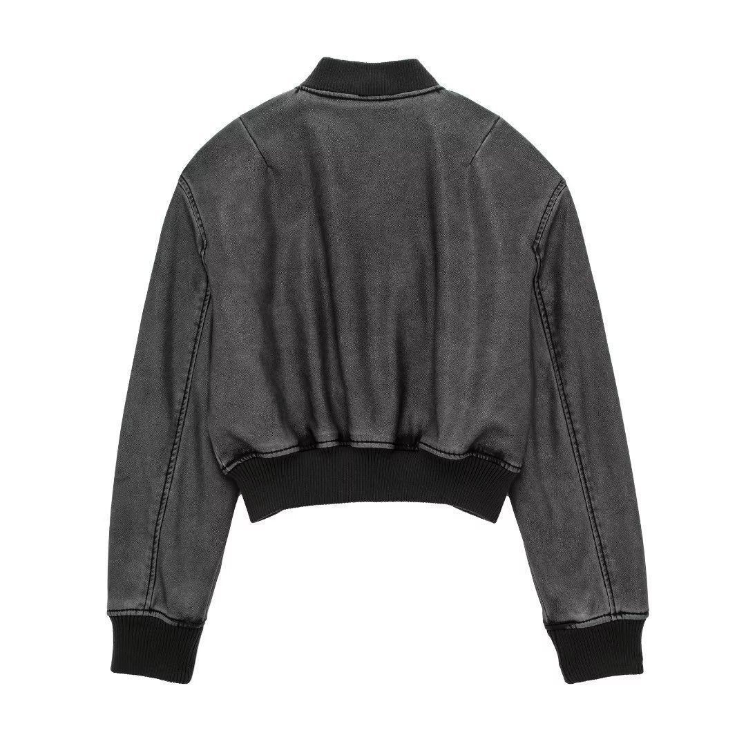 Women Cotton Coat Stand Collar Motorcycle Jacket Leather Coat