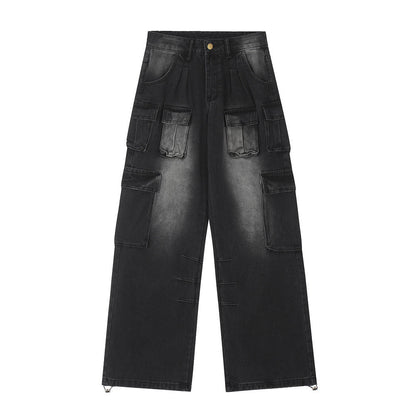 Women Pants Multi-Pocket Workwear Straight Jeans