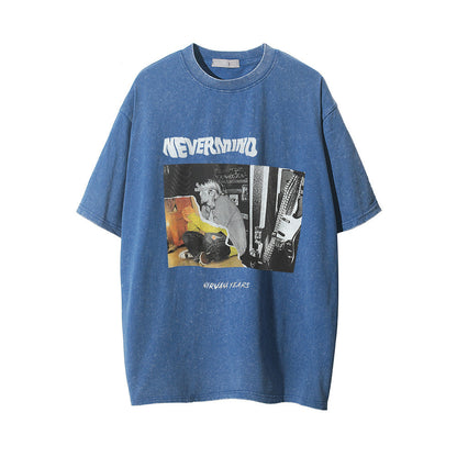 Men Vintage T-Shirt Character Printed Washed Distressed Short-Sleeved T-shirt Men's Loose round Neck Ins Summer