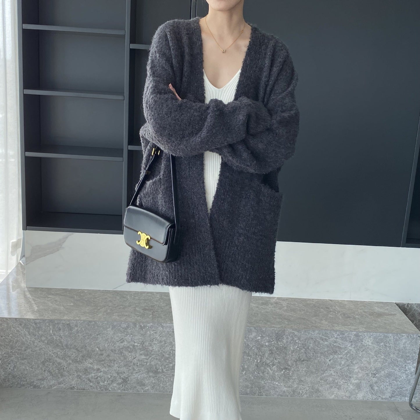 Women Cardigan Sweater V-neck Cardigan Jacket Long-Sleeved Loose Sweater Women's Mid-Length Coat 3t667