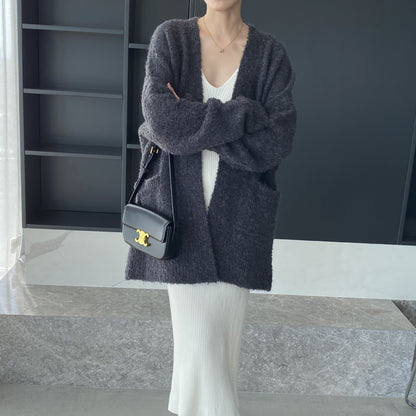Women Cardigan Sweater V-neck Cardigan Jacket Long-Sleeved Loose Sweater Women's Mid-Length Coat 3t667