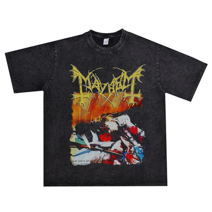 Rock Star T Shirt Mayhem Mutilated Band Washed Distressed T-shirt Cotton Short Sleeve Men and Women