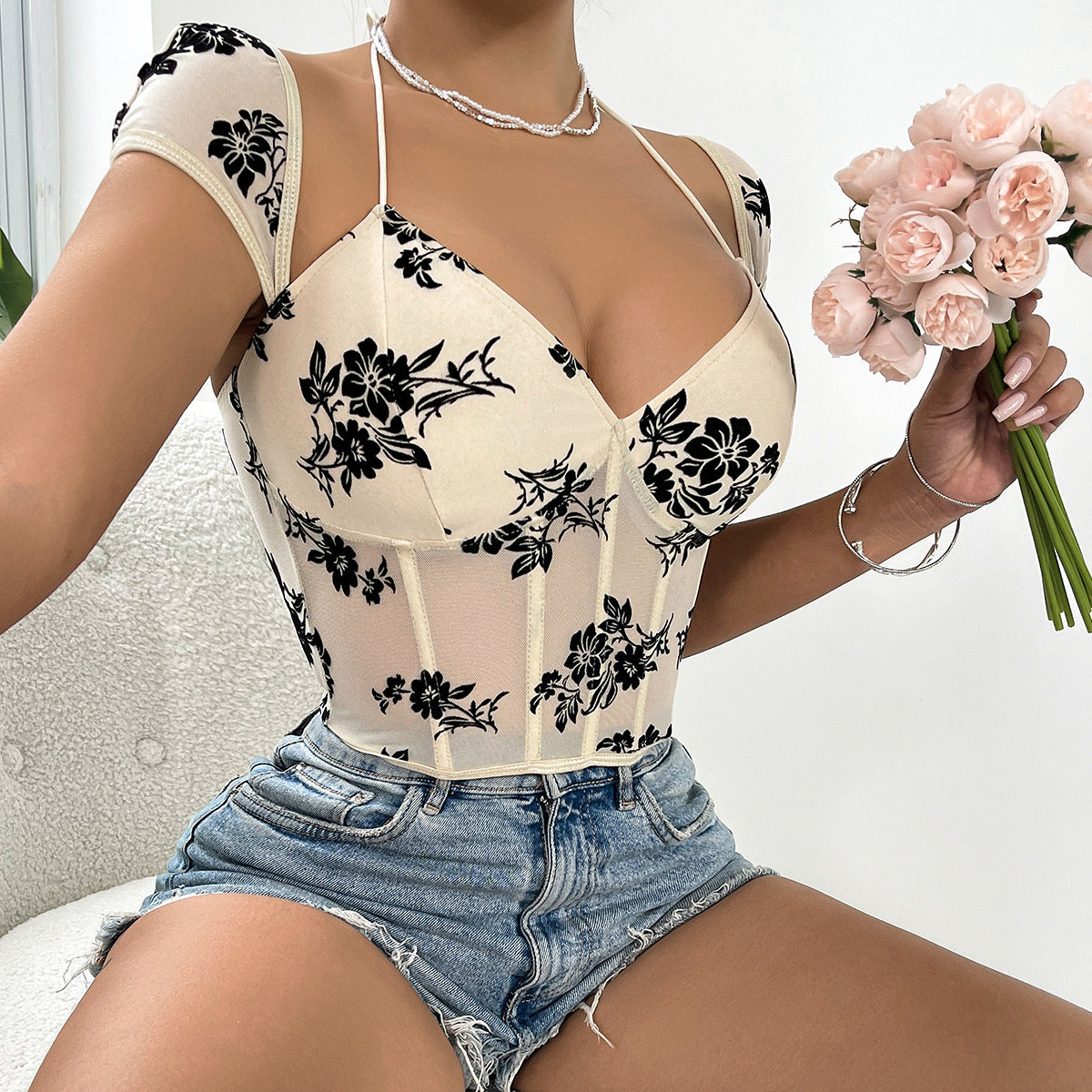 Women Party Tops Flocking Short Vest
