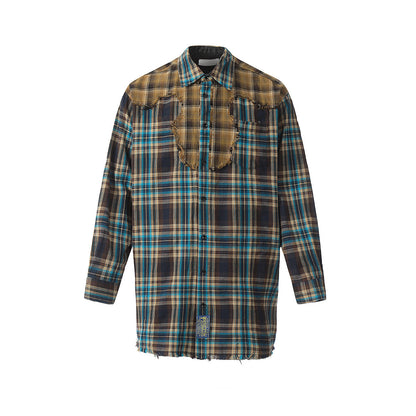 Unisex Shirts Vintage Plaid Shirt Splicing Loose Jacket