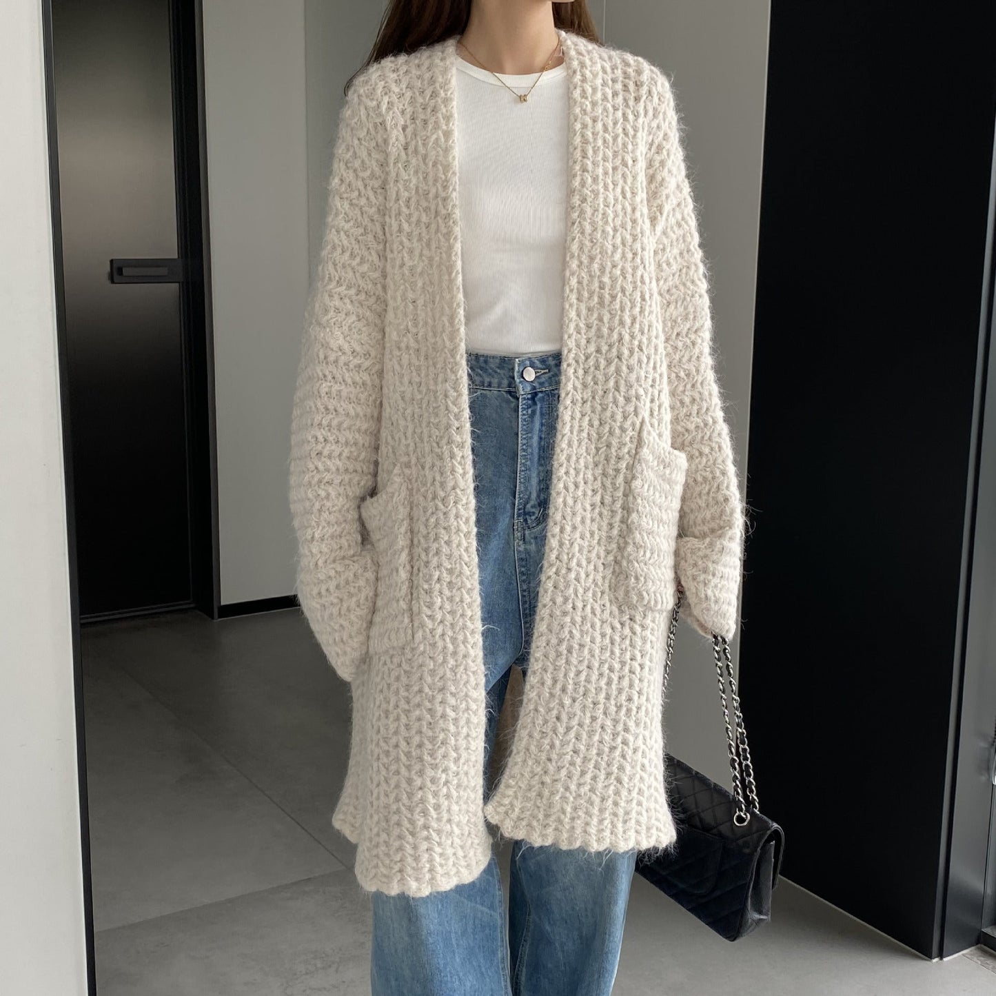 Women Cardigan Sweater Autumn and Winter Loose Pocket Texture Interwoven Long Cardigan Jacket Kc81