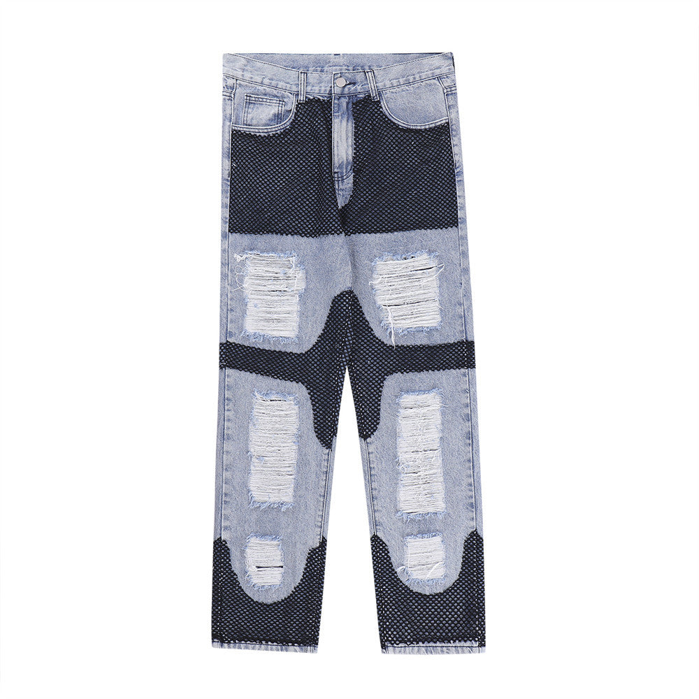 Men Jeans Stitching Ripped Leisure Wide Leg