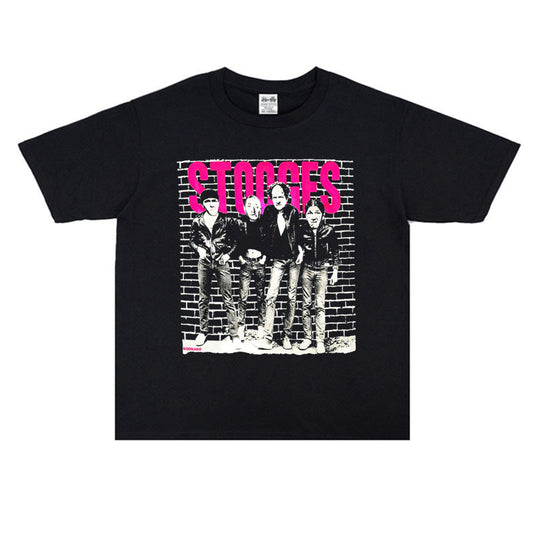 Rock Star T Shirt Punk Rock the Stooges Puppet Band Washed Distressed T-shirt Cotton Short Sleeve