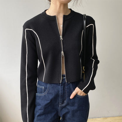 Women Cardigan Sweater Zipper Short Jacket Knitted Hong Kong Style Sweater Coat 20238t7217