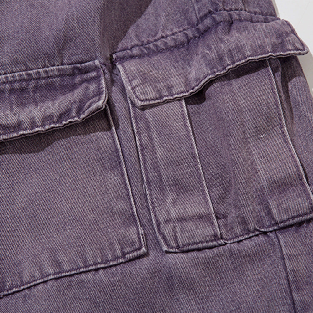 Women Pants Multi-Pocket Workwear Jeans Purple Loose Straight-Leg Wide-Leg Pants