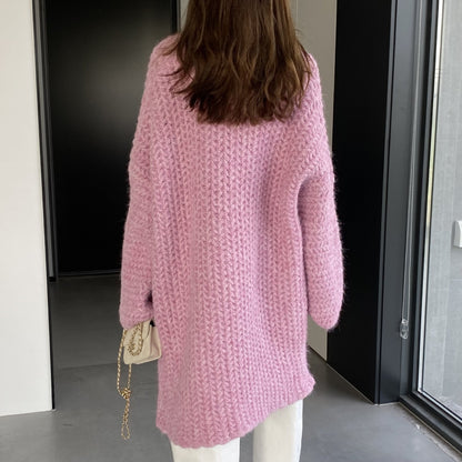Women Cardigan Sweater Autumn and Winter Loose Pocket Texture Interwoven Long Cardigan Jacket Kc81