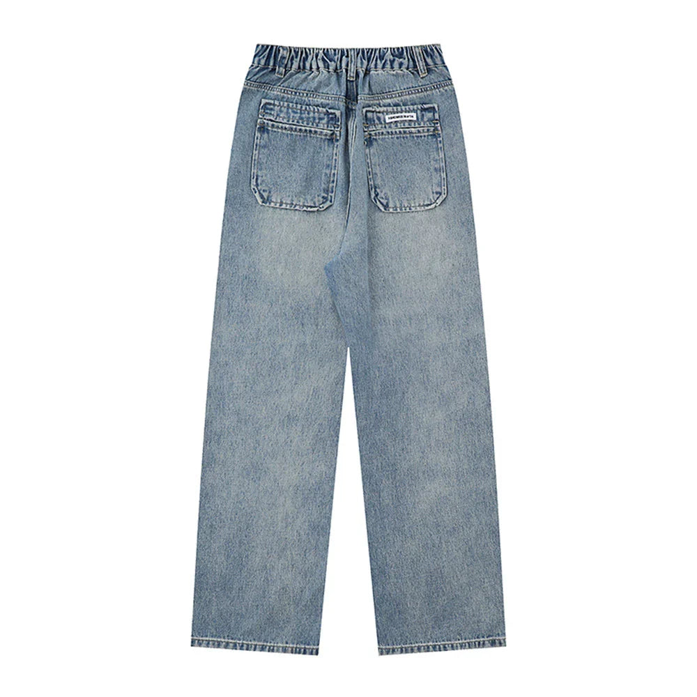 Women Pants Straight Jeans Loose Wash Casual Elastic Waist Wide Leg Trousers
