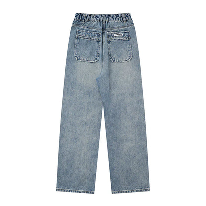 Women Pants Straight Jeans Loose Wash Casual Elastic Waist Wide Leg Trousers