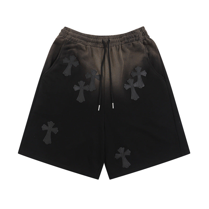 Men Shorts Cross Affixed Cloth Embroidered Tie-Dye Gradient Casual Shorts