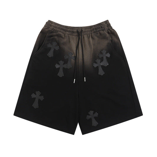 Men Shorts Cross Affixed Cloth Embroidered Tie-Dye Gradient Casual Shorts