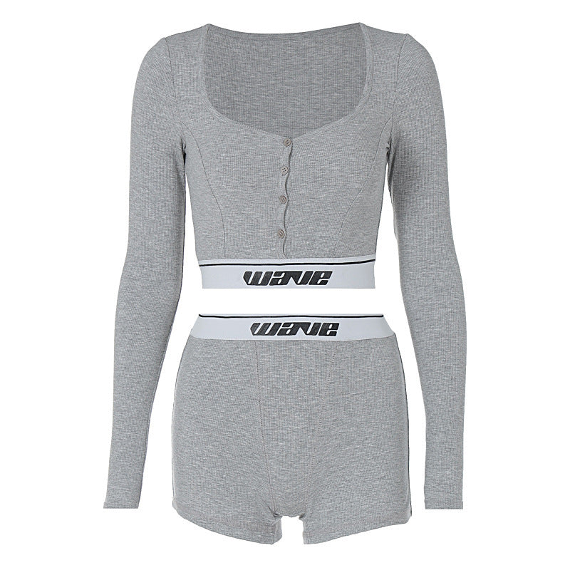 Women Co-Ord Set Tight Long Sleeve Short T-shirt Shorts Suit