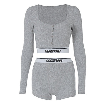 Women Co-Ord Set Tight Long Sleeve Short T-shirt Shorts Suit