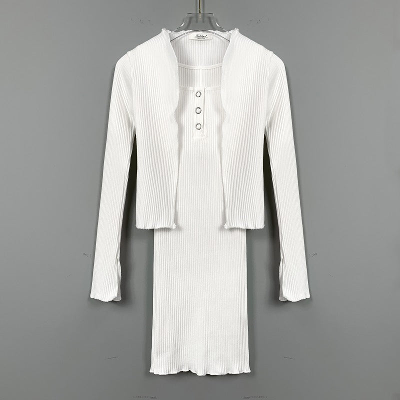 Women Dresses Square Collar Vest Camisole Cardigan Jacket Long-Sleeved V-neck Dress