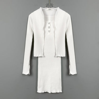 Women Dresses Square Collar Vest Camisole Cardigan Jacket Long-Sleeved V-neck Dress