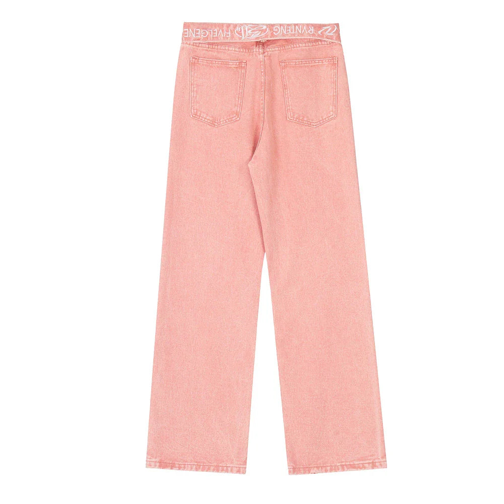 Women Pants Flanging Letter Embroidered Jeans Straight-Leg Pants