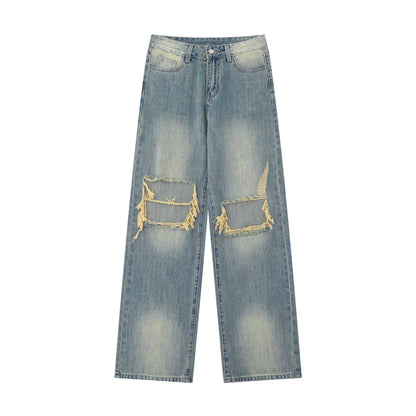 Women Pants Ripped Jeans Summer Washed Straight Loose Wide Leg Pants