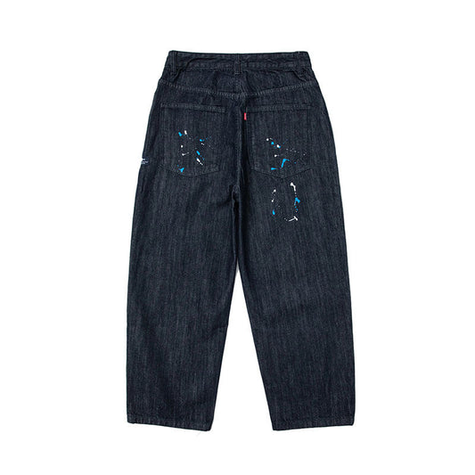 Men Jeans Vintage Primary Color Splash-Ink Wide-Leg Workwear Jeans