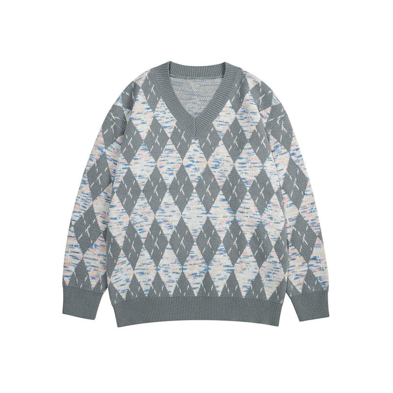 Women Sweater Vintage Diamond Plaid Knitted Sweater