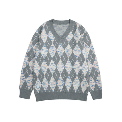 Women Sweater Vintage Diamond Plaid Knitted Sweater