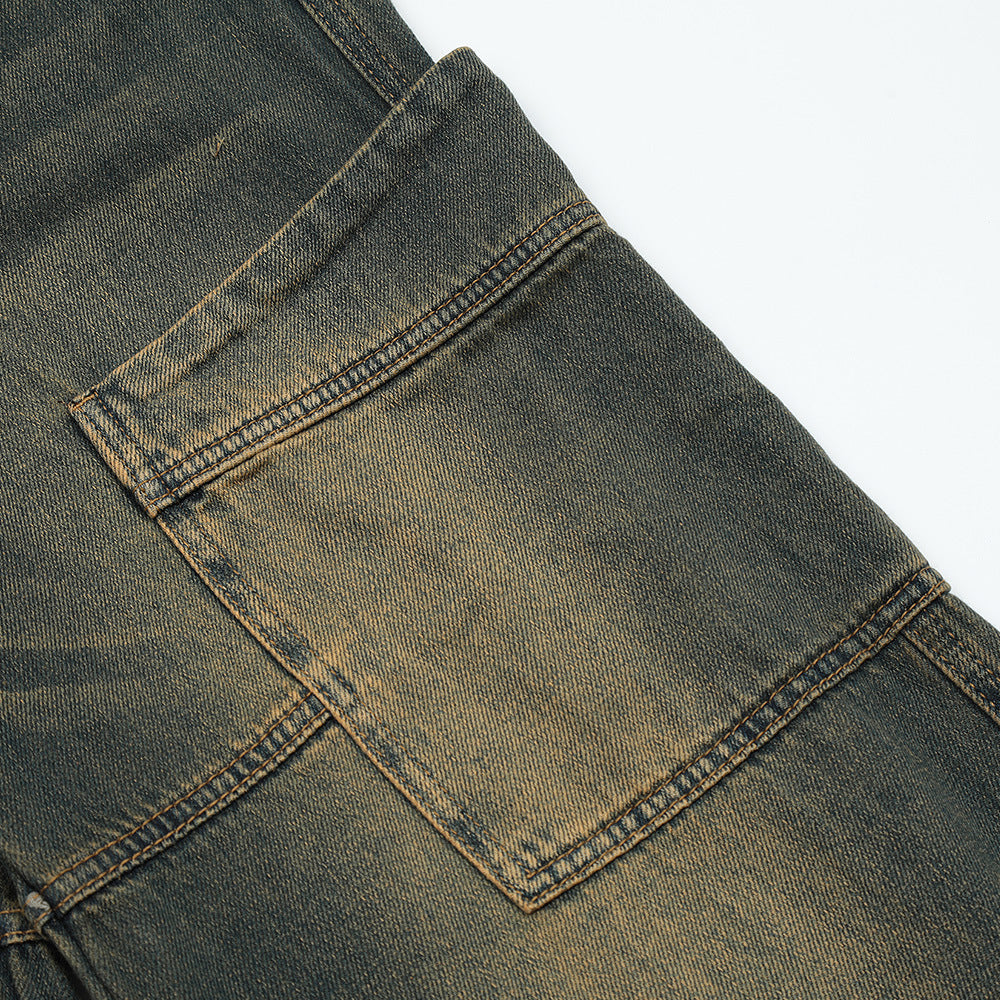 Men Jeans Overalls Loose Distressed Retro Multi-Pocket Trousers