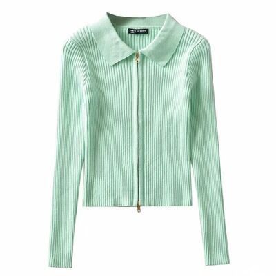 Women Sweater Knitwear Autumn Sexy Slim Lapel Double-Headed Zipper Navel Jacket